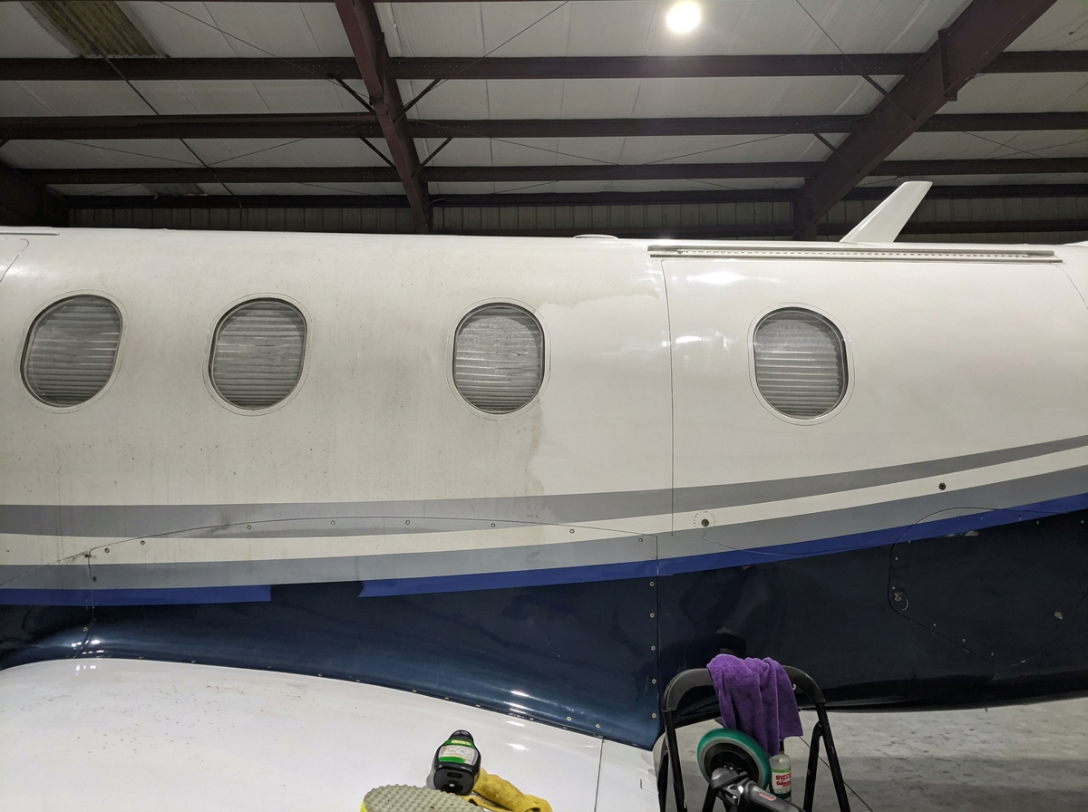 Private jet fuselage shown before and after JetDet appearance management
