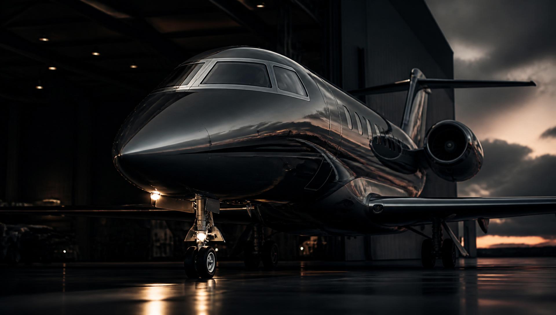 Private jet emerging from a luxury hangar at dusk